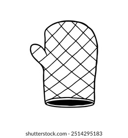 A simple black and white outline drawing of an oven mitt, featuring a quilted pattern
