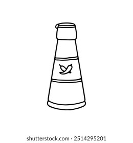 A simple black and white outline drawing of a sauce bottle featuring a chili icon in the center