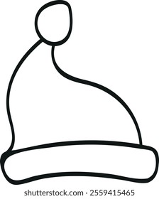 Simple black and white outline drawing of a winter hat, often referred to as a beanie or a Santa hat. The hat features a rounded top with a circular pom-pom and a wide, folded brim at the bottom.