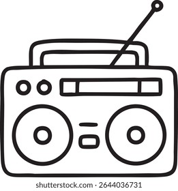A simple, black and white outline drawing of a retro boombox with an antenna and cassette player features.