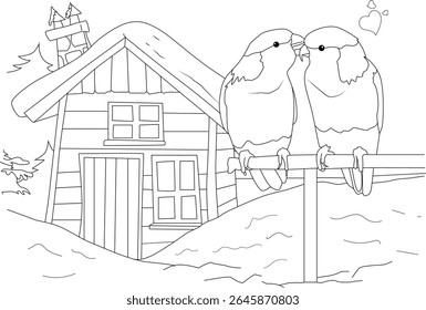 Simple black and white outline drawing of a loving bird couple perching in the snow near a cabin, ideal for children's activities and designs.