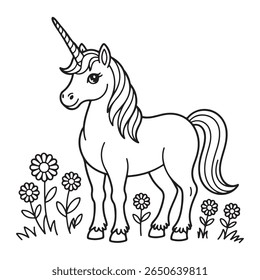 A simple black and white outline drawing of a unicorn standing in a field of flowers. The unicorn has a long mane and tail and a spiral horn.