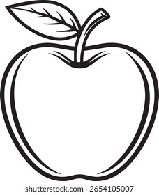 Simple dibujo de contorno en blanco y negro de una manzana con una hoja aislada sobre fondo transparente