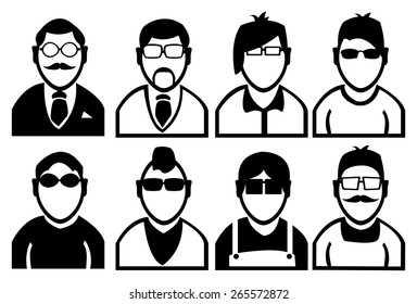 Simple black and white outline drawing of men in variety of hairstyles and dressing fashion. Vector icon set isolated on white background.