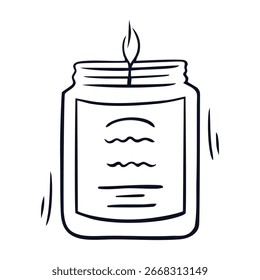 Simple dibujo en blanco y negro de una vela ardiente en un frasco con una etiqueta, perfecto para conceptos de relajación, comodidad en el hogar y aromaterapia. Ilustración vectorial	