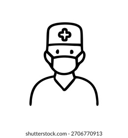Un simple dibujo en blanco y negro de un trabajador de la salud con una máscara y una gorra.