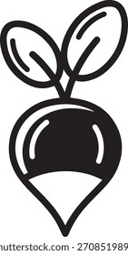 Un simple dibujo de contorno en blanco y negro de una remolacha con dos hojas verdes que se extienden desde la parte superior.
