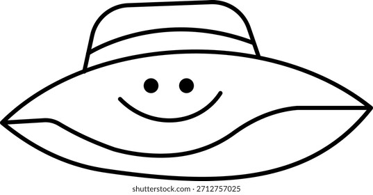 Simple dibujo en blanco y negro de un sombrero de ala ancha con una cara sonriente en la corona.