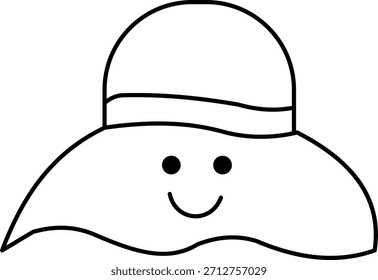 Simple black and white outline drawing of a wide-brim sun hat with a slightly rounded crown and a smiling face.