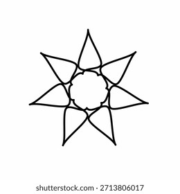 Un simple dibujo de contorno en blanco y negro de una estilizada flor de estrella de siete puntas con un centro festoneado.