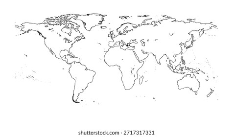 Desenho simples em preto e branco mostrando os continentes e as principais ilhas do mapa mundial para estudos de geografia.