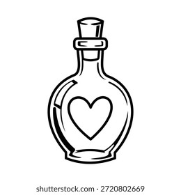 Um simples esboço preto e branco desenho de uma garrafa de vidro vintage-estilo contendo uma forma de coração, simbolizando uma poção de amor ou elixir romântico. Isolado sobre um fundo branco puro.