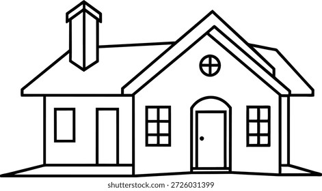 Einfache schwarz-weiße Umrisszeichnung eines Hauses. Ideal für Immobilien-Marketing, Home-Dekor, architektonische Designs, Malvorlagen oder Website-Grafiken. Vielseitig für verschiedene Projekte.