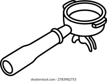 A simple black and white outline drawing of an espresso portafilter used for brewing coffee, isolated on a white background