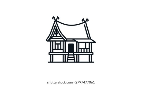 A simple black and white outline drawing of a traditional wooden house on stilts featuring a decorative roof and a small staircase