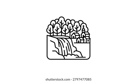 A simple black and white outline drawing featuring a cascading waterfall next to a cluster of small houses and a dense forest of trees