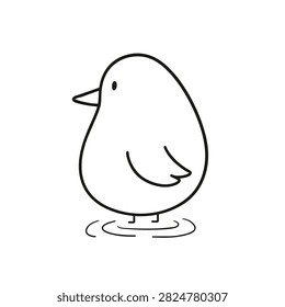 A simple black and white outline drawing of a round adorable chick bird standing in a small pool of water.