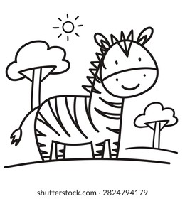 A simple black and white outline drawing of a cute cartoon zebra with stripes standing in a playful style suitable for children coloring books