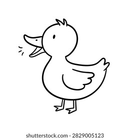 A simple black and white outline drawing of a cute little duckling quacking