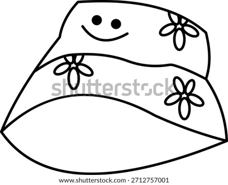 Simple black and white outline drawing of a wide-brim sun hat with a floral pattern and a smiling face.