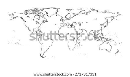 Simple black and white outline drawing showing the continents and major islands of the entire world map for geography studies.