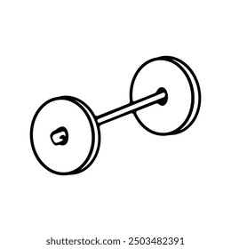 A simple black and white outline of a dumbbell with two round weights on either side.