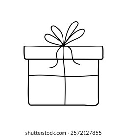 Simple black and white outline of a gift box with a bow for creative use