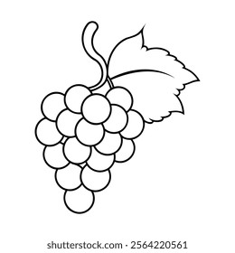 Simple black and white outline of a grape bunch with leaves