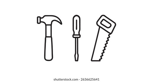 Simple black and white outline of hammer, screwdriver, and saw.