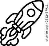 A simple black and white outline icon showing a space rocket taking off with a plume of smoke, representing startup growth and space exploration.