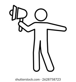 A simple black and white outline icon of a stick figure standing and holding a megaphone, angled slightly upwards. Represents concepts like public announcements, leadership, calls to action