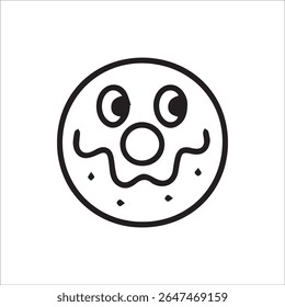 A simple black and white outline icon featuring a cheerful donut with a face. Ideal for dessert related themes, food apps, or children's designs due to its playful and friendly appearance.