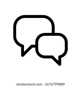 Ein einfaches schwarz-weißes Umrisssymbol mit zwei sich überlappenden Sprechblasen, die größer als die anderen sind und Konversation und Kommunikation symbolisieren. Einzeln auf weißem Hintergrund.