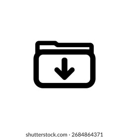 Ein einfaches schwarz-weißes Umrisssymbol, das einen Ordner mit einem nach unten zeigenden Pfeil im Inneren darstellt, der den Download oder das Speichern angibt.