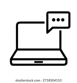 Icono de contorno blanco y negro simple que representa una pantalla de computadora portátil que muestra un mensaje activo o una burbuja de indicador de escritura para conceptos de comunicación digital.