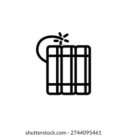 A simple black and white outline icon depicting a bundle of dynamite sticks with a lit fuse, symbolizing danger, explosion, or power.