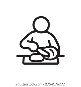 Un simple icono de contorno en blanco y negro que muestra a una persona en una mesa rebanando una hogaza de pan o masa. Ideal para cocinar o preparar alimentos UI.