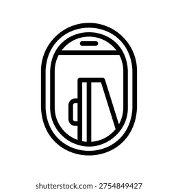 A simple black and white outline icon of an airplane window, showing a glimpse of the wing, symbolizing air travel and journeys.