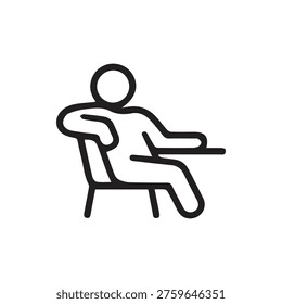 A simple black and white outline icon of a person sitting at a desk. The figure is leaning back in a relaxed or bored posture. Vector illustration.