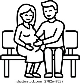 A simple black and white outline icon depicting a pregnant woman and her partner sitting together on a bench, representing family and pregnancy.