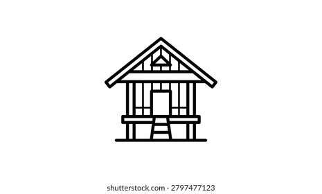 A simple black and white outline icon of a rustic wooden house on stilts with a triangular roof and a small central door