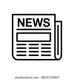 Simple black and white outline icon of a folded newspaper with the word news written on it