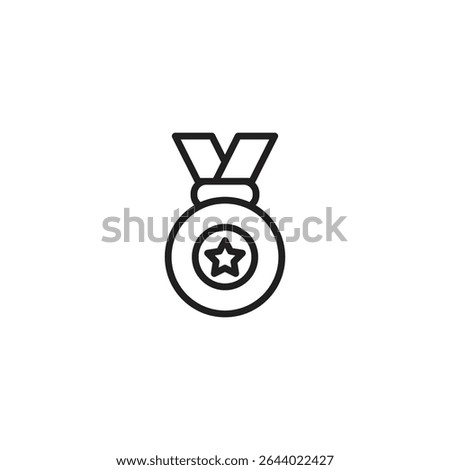 A simple black and white outline icon of a medal with a star in its center, hanging from a ribbon, symbolizing award, achievement, or victory.