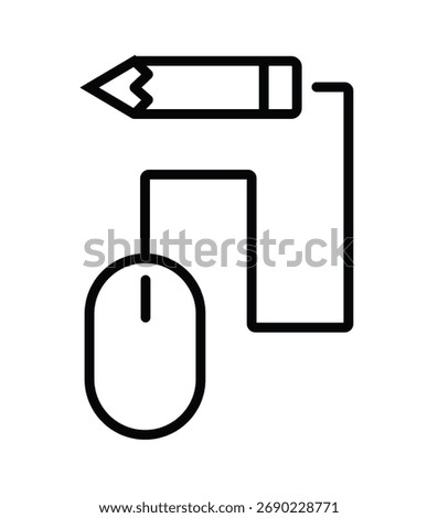 A simple black and white outline icon of a computer mouse connected to a pencil. Symbolizes graphic design, digital art, illustration, and the creative process from idea to execution.
