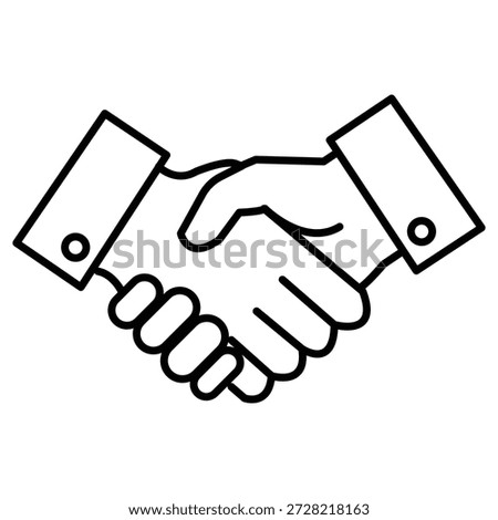 A simple black and white outline icon depicts two hands shaking firmly, symbolizing agreement, partnership, trust, and collaboration in business or personal contexts. It represents a deal.