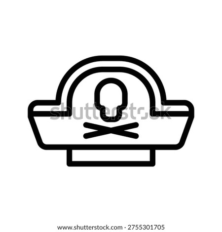 A simple black and white outline icon depicting a classic pirate hat adorned with a skull and crossbones emblem, symbolizing piracy and adventure.