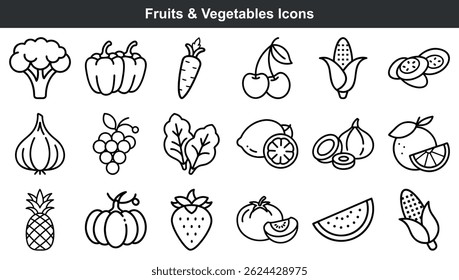 Simples ícones de contorno preto e branco de várias frutas e legumes saudáveis para design
