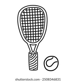 Simple black and white outline illustration of a tennis racket and ball. Suitable for sports projects, educational materials, coloring pages, and graphic design.