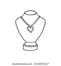 A simple black and white outline illustration of a necklace displayed on a mannequin