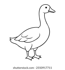 Simple black and white outline illustration of a standing duck